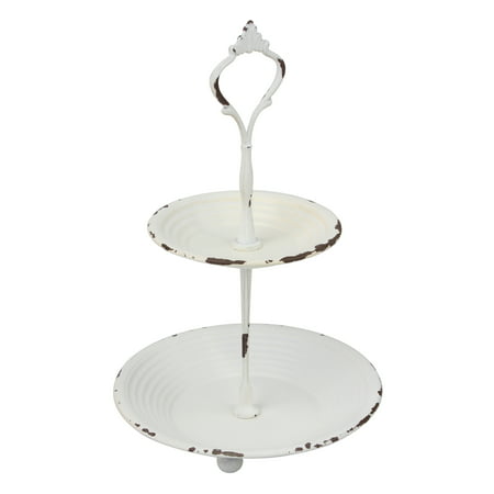 Shabby Chic Worn White Painted 2 Tier Metal Serving Tray with