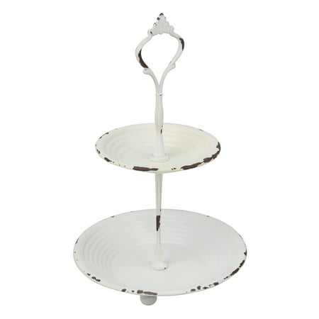 - Shabby Chic Worn White Painted 2 Tier Metal Serving Tray with Handle
