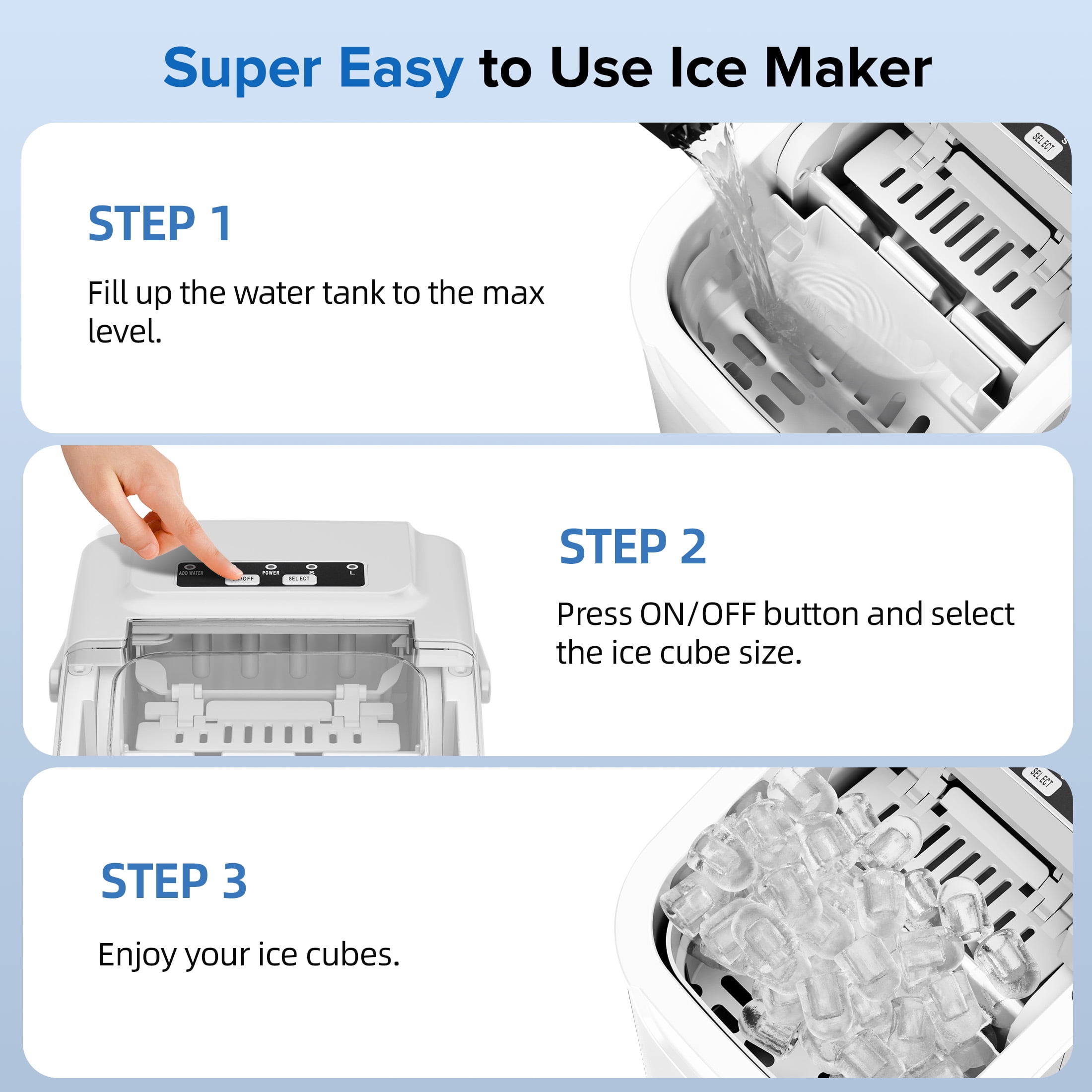 Auseo Countertop Ice Maker, 2 Sizes of Bullet Ice, 26Lbs/24H, 8 Ice Cubes in 6 Mins, Portable Ice Machine with Self-Cleaning for Home/Party/Travel/Camping (White)
