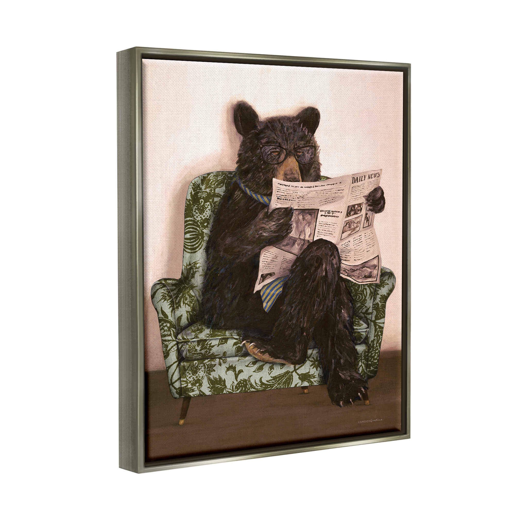 Stupell Industries Bear Reading Newspaper Animals & Insects Painting Gray Floater Framed Art Print Wall Art, 25 x 31
