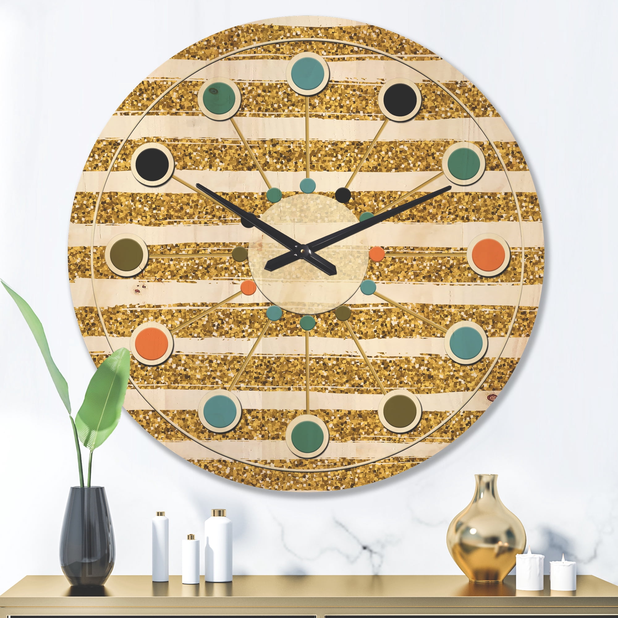 Designart 'Golden Cubics Horizontal Lines ' Mid-Century Modern Wood Wall Clock