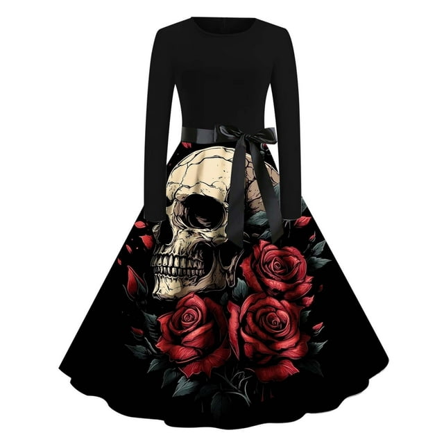 Robe Swing Grande Taille pour Femmes Robe Gothique Renaissance Steampunk Manches Longues Robe Cocktail Vintage Imprimé Squelette Citrouille Cosplay Costume de Fête
