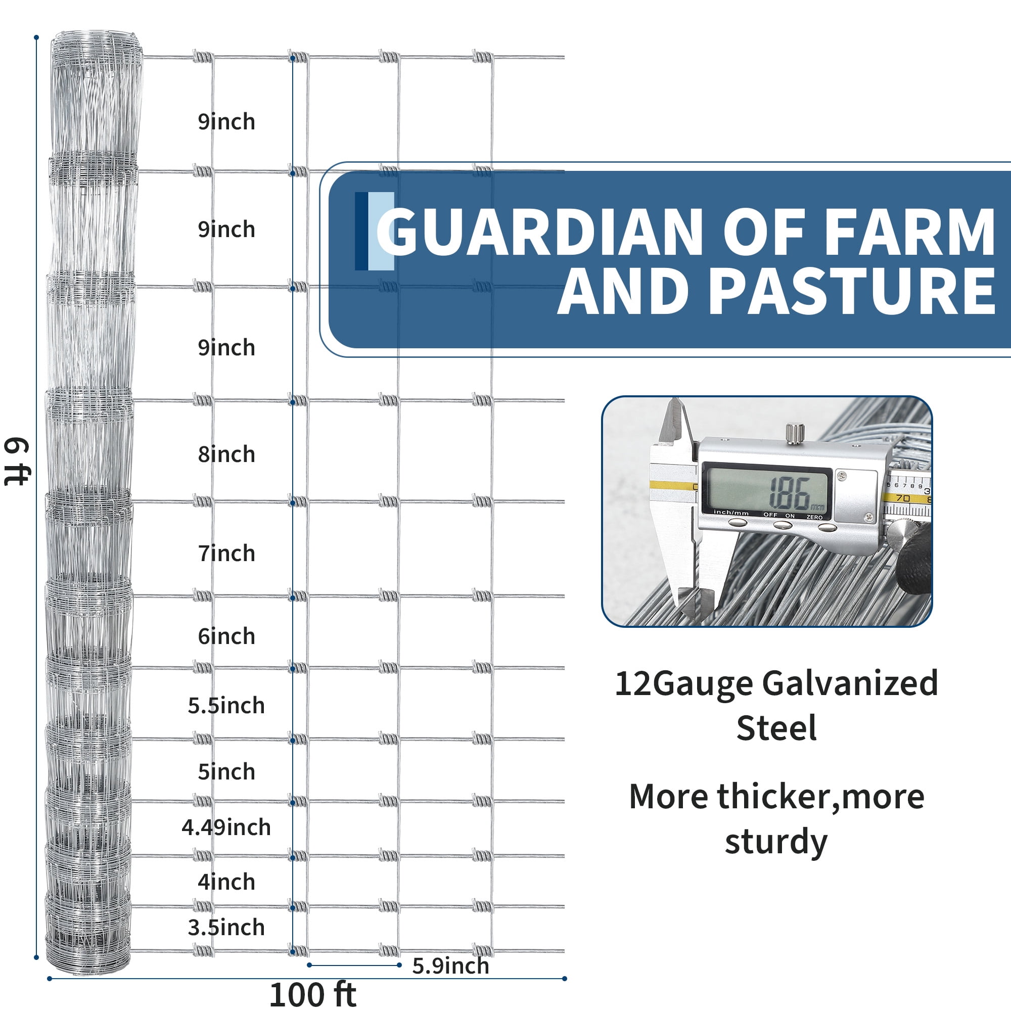 Gaderth 6Ft x 100Ft Heavy-Duty Galvanized Wire Livestock Fence, Durable Metal Mesh for Cattle, Goat & Deer Protection, Corrosion-Resistant Farm & Yard Barrier