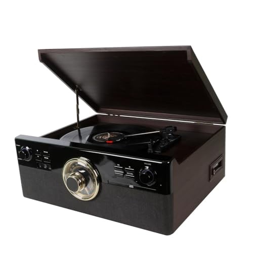 Reproductor de discos Bluetooth 10 en 1 para vinilo con altavoces, CD, cinta de casete, radio FM, reproducción y grabación USB, tocadiscos vintage con 3 velocidades, entrada auxiliar, salida de línea,