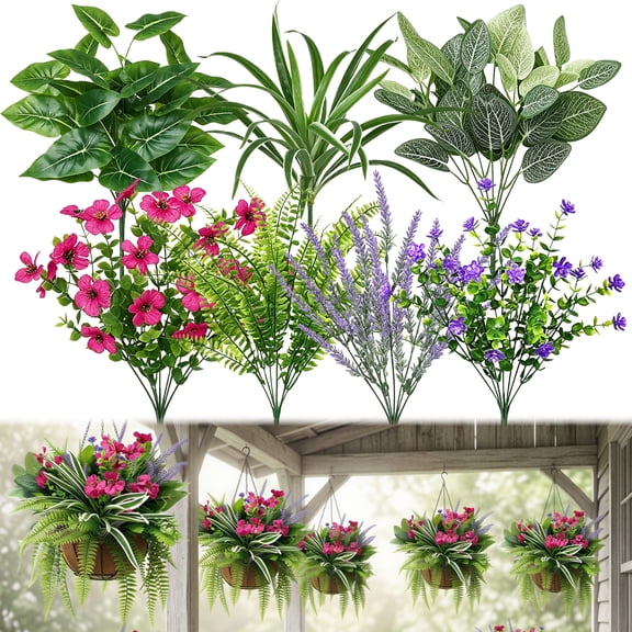 20 Pcs Artificial Plants, Weather-resistant Fake Flowers for Outdoors, Faux Lavender, Eucalyptus, and Violets, Mixed Decorative Greenery Stems for Porch, Patio, Garden