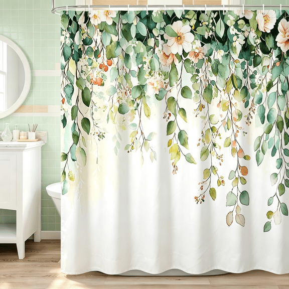 MIZHONA Spring Green Floral Shower Curtain Plants Leaves Fabric Bathroom Curtain with Hooks,72"W x 72"L