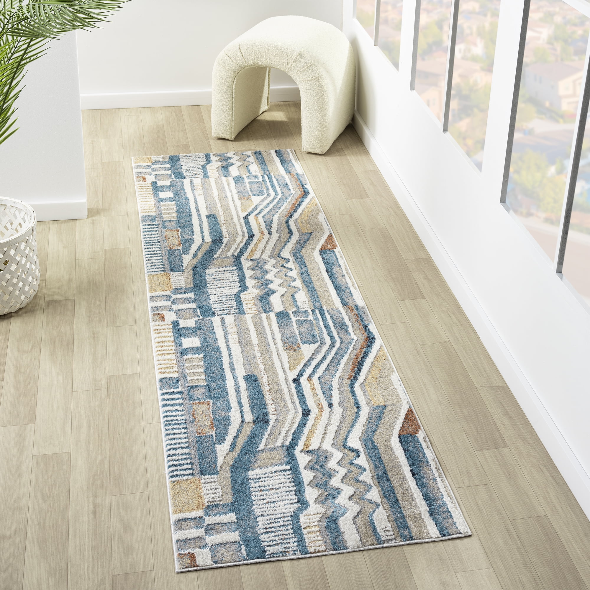 Ox Bay Wesley 2'2" x 7', Blue/Beige Stripe Washable Indoor Runner Rug by Evette Rios