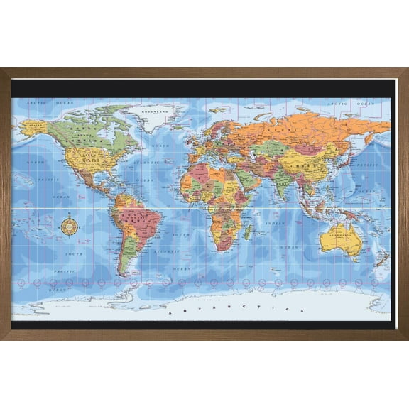 Map - World Time Zones Wall Poster, 14.725" x 22.375", Framed