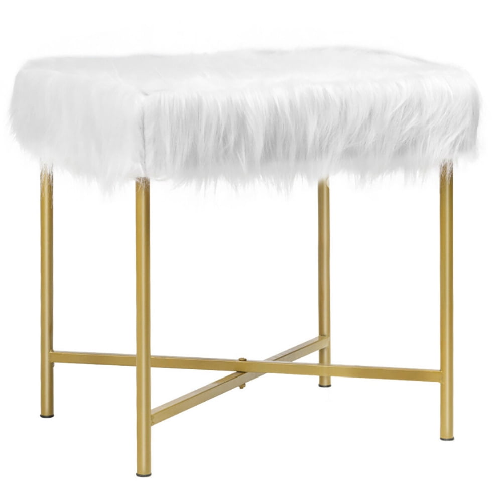 Finihen Faux Fur Vanity Stool Chair, Footstool Ottoman with Metal Legs, Fluffy Chair with Furry Padded Seat, Makeup Stool, Decorative Furniture Footrest, for Living Room, Bedroom, White Finihen Faux Fur Vanity Stool Chair, Footstool Ottoman with Metal Legs, Fluffy Chair with Furry Padded Seat, Makeup Stool, Decorative Furniture Footrest, for Living Room, Bedroom, White