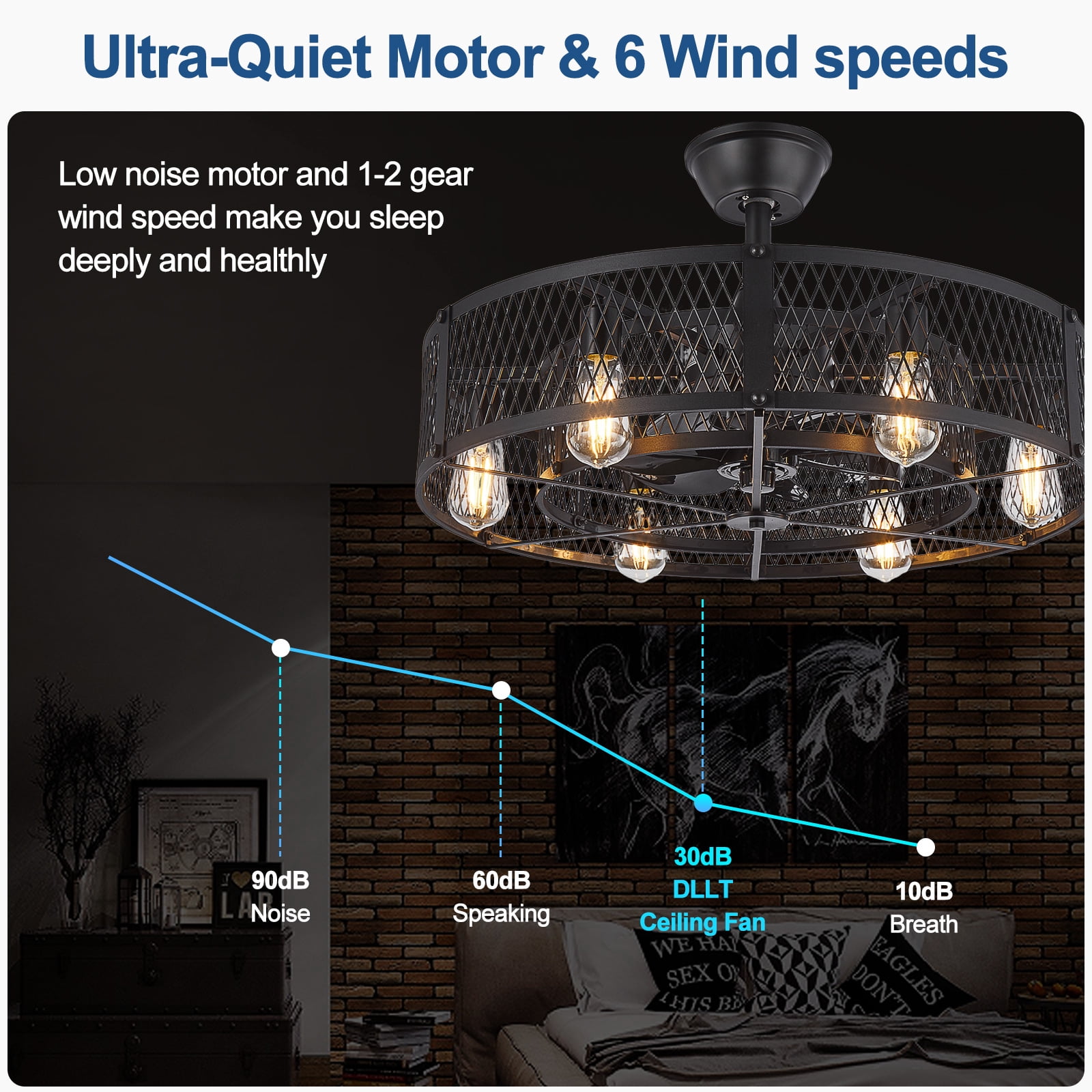 26-Inch Black Outdoor Ceiling Fan with Light: Ceiling Fan with Smart Remote Control, Farmhouse Cage Design, 6-Speed Reversible - Flush Mount for Patio, Kitchen, Bedroom