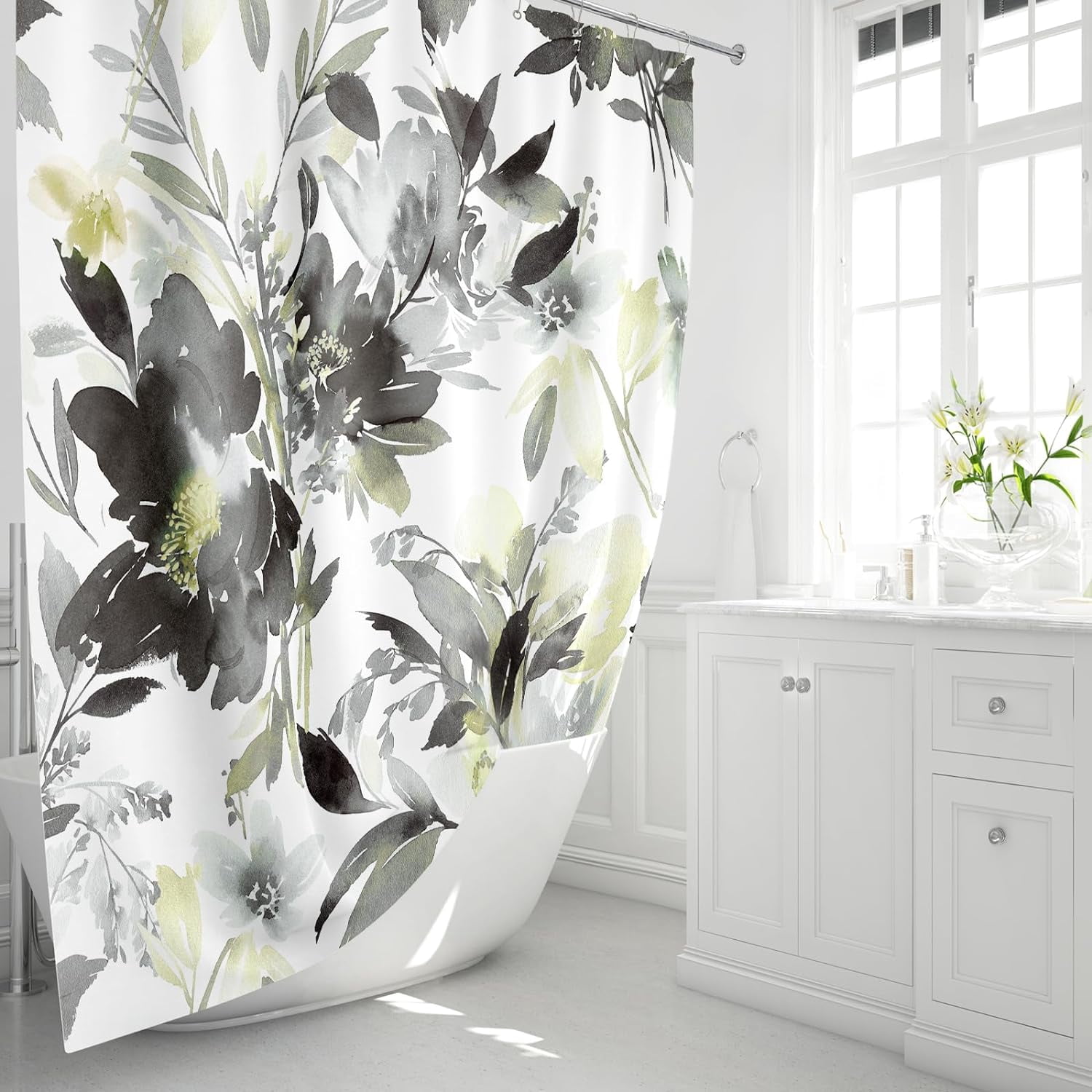 Extra Long Shower Curtain 72 x 84 Inch, Tall Watercolor Floral Fabric Shower Curtain, Grey Modern Abstract Flower Bathroom Shower Curtain Set with Hooks