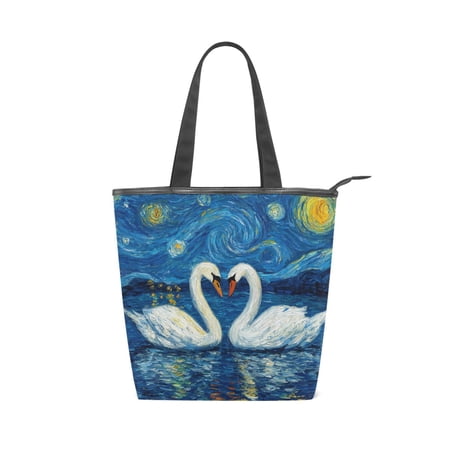 Large Capacity Canvas Tote Bag with Zipper Durable Canvas & Leather Shoulder Handbag All-over Print Tote for Work Commuter Shopping Travel Dark Celestial Swans