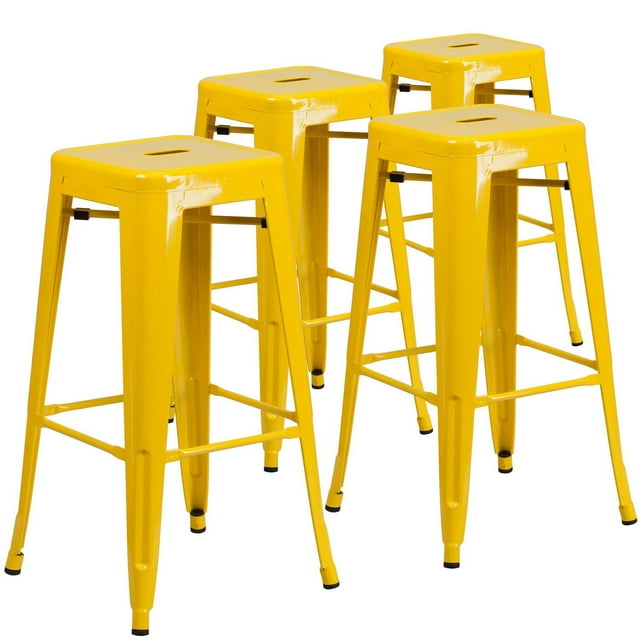 4 Pk. Commercial Grade 30" High Backless Yellow Metal Indoor-Outdoor Barstool with Square Seat
