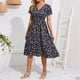 thumbnail image 5 of Falda Falda de gasa elegante con cuello en V cintura elástica estampada pequeña falda acampanada floral Kuymtek para Mujer Azul oscuro T XXL, 5 of 6