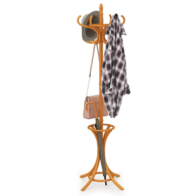 Giantex Coat Rack Free standing, Wooden Coat Rack Tree with 12 Hooks and Umbrella Stand, Entryway Hall Tree for Hats Clothes Handbags (Oak)