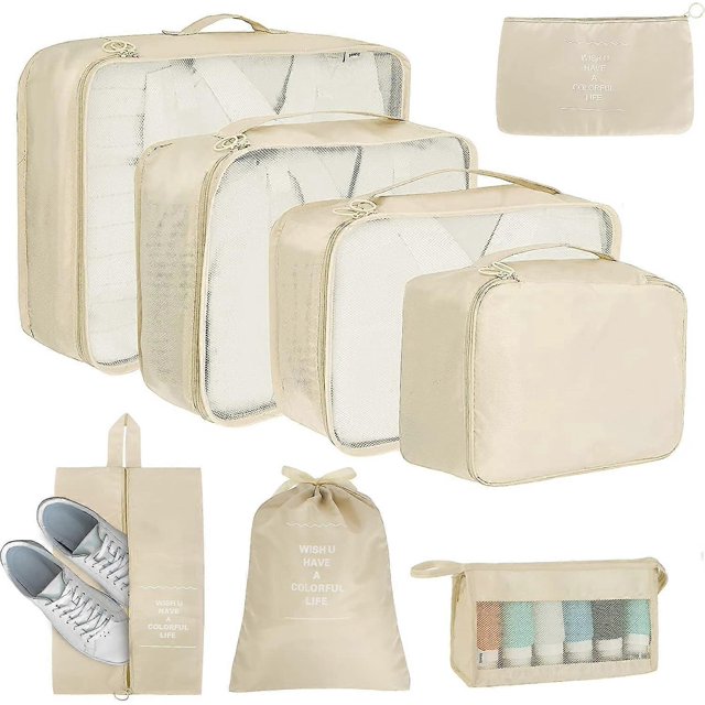 Organizador de maletas, juego de 8 cubos en 1, bolsas de almacenamiento de viaje impermeables, con neceser, bolsa impermeable para zapatos, artículos esenciales de viaje