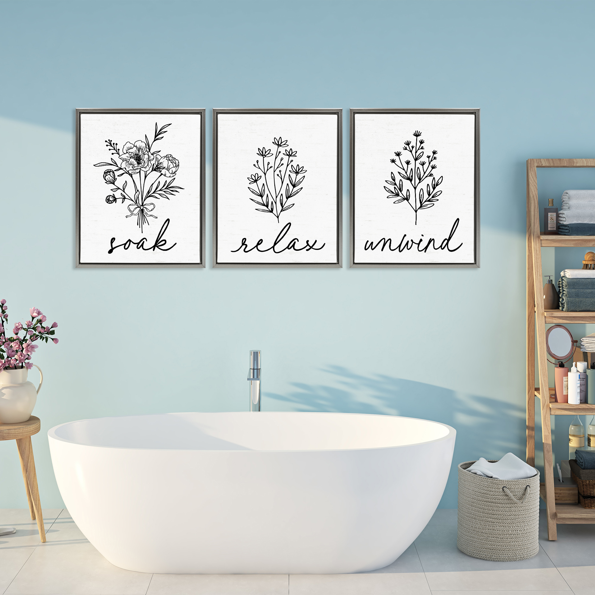 Bathroom Herbs for Relaxation 3 Piece Gray Framed Floater Canvas Set, design by Lettered and Lined