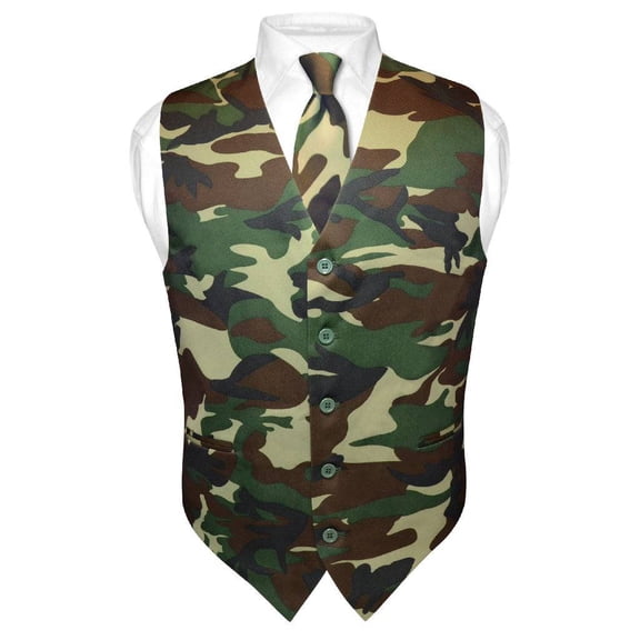Men's ARMY Dress Vest & NeckTie Green Camouflage Color Neck Tie Set size Med