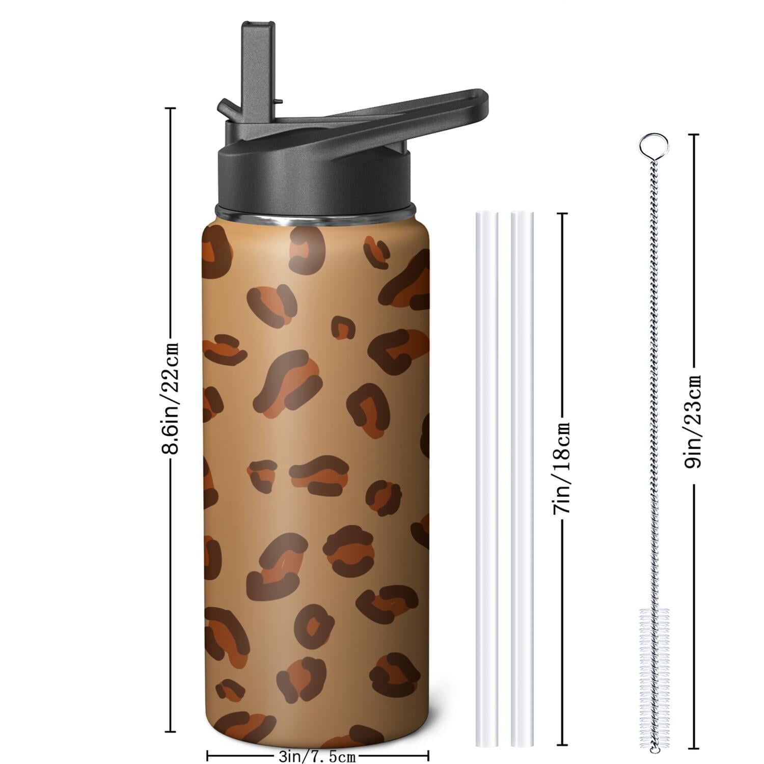 Leopard Print Insulated Stainless Steel Water Bottle with Straw & Cleaning Brush – 18 Oz | Leakproof, BPA-Free, 304 Stainless Steel, Wide Mouth, Travel Mug for Car, Gym, Office