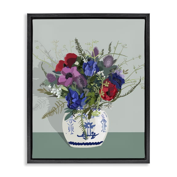 Stupell Industries Ginger Jar & Anemones Plants & Flowers Painting Black Floater Framed Canvas Art Print Wall Art, 17 x 21