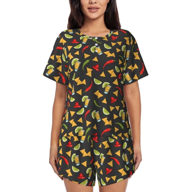 Balery Mexican Food Beer Conjunto de Pijama para Mujer con Estampado, Dos Piezas de Manga Corta y Shorts, Ropa de Dormir Suave con Cuello Redondo y Bolsillos-3X-Large