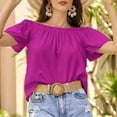 thumbnail image 2 of Qicasul Women T-Shirts for Female one-line Shoulder solid color off-shoulder ruffled edge T-shirt Purple S, 2 of 6