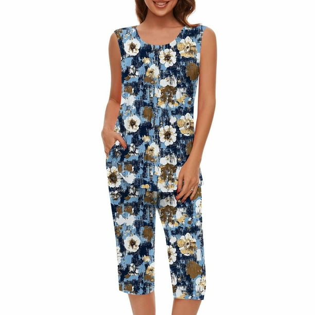 Conjunto de Verano para las Mujeres Impreso Cuello Redondo sin Mangas Y Pantalones, Casual Dos Piezas para las Mujeres
