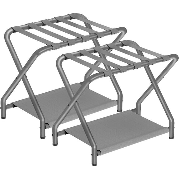 YANGLI 2-Pack Folding Luggage Rack with Fabric Storage Shelf, 100 lb Capacity, 27” x 15.3” x 22”, Space-Saving, Gray (GY04XLP201)