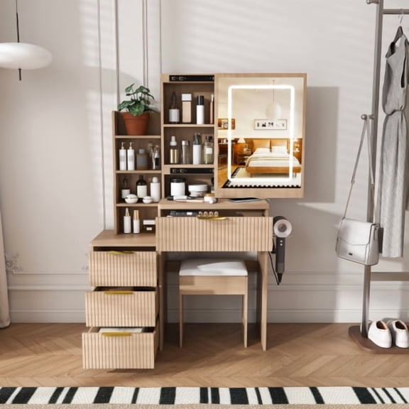 Small Vanity Desk with Mirror and Lights, Fluted Makeup Vanity Table Set with Storage Drawers & Chair, Dressing Table with Hair Dryer Holder, Charging Station & Shelves, Walnut