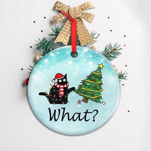 Christmas Ornaments, Black Cat Christmas Ornaments, Funny Cat Gifts, Christmas Decorations Indoor, Circle Ceramic Ornament – 1Pcs