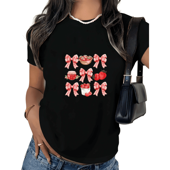 Black Print Tshirt Graphic Tees Gingham Bow Strawberry Coquette Street Style Cute Casual Wear S-5XL Tops