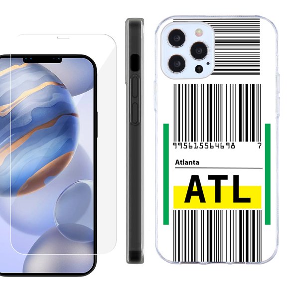 Slim Fit Protective Phone Case for Apple iPhone 12 / iPhone 12 Pro, with Tempered Glass Screen Protector, by OneToughShield ® - Airport Tag / Atlanta