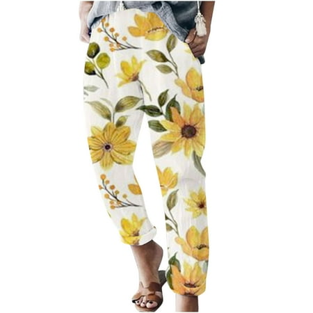 

Dadaria Linen Pants for Women Casual Summer High Waisted Elastic Waist Print Loose Trousers Pants Yellow XXL Female