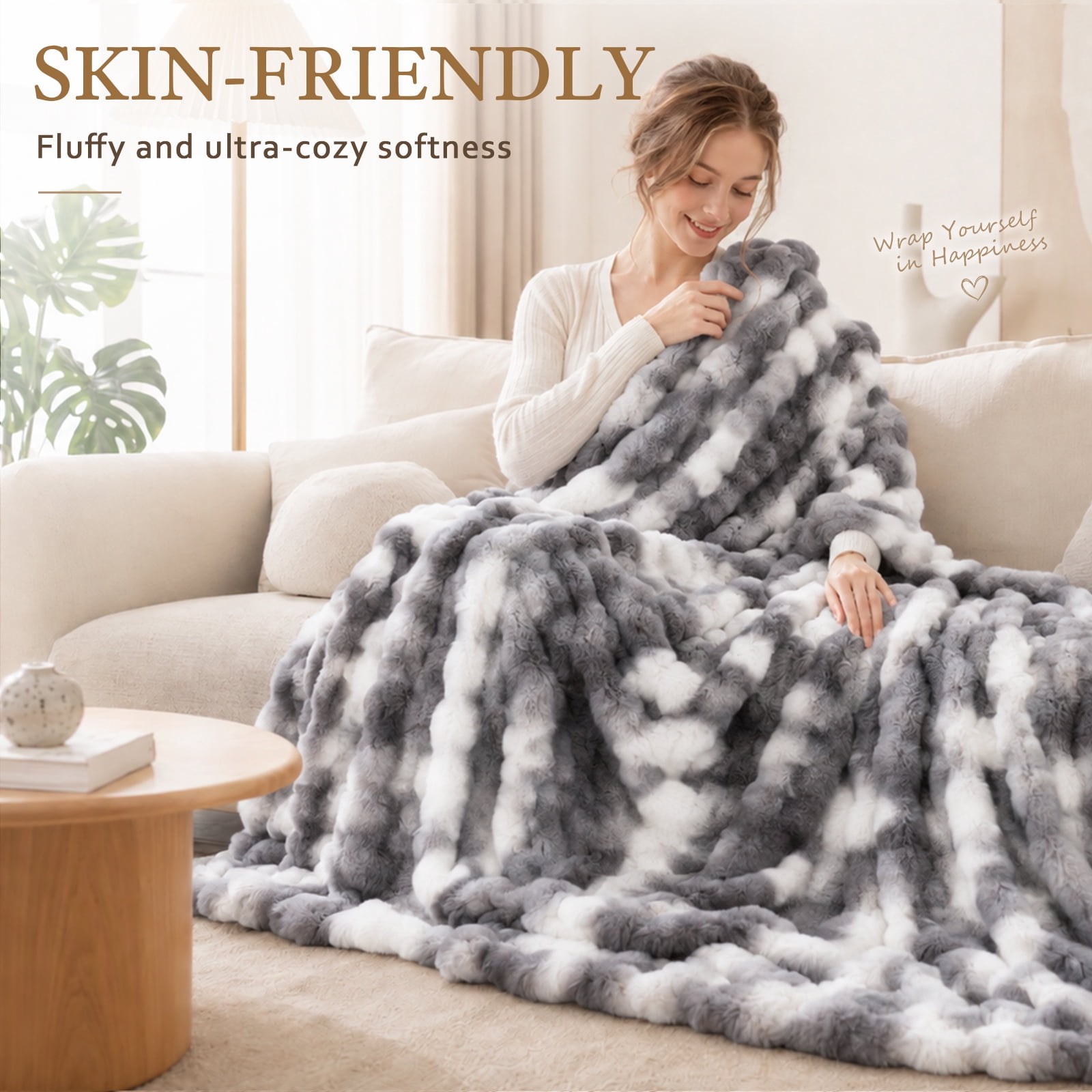 Cozylore Faux Fur Throw Blanket for Bed Luxury Fluffy Thick Bubble Blanket Warm Cozy Throw for Bedroom Living Room, 60" x 80", Tie-Dye Gray