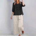 thumbnail image 4 of Womens 2 Piece Outfits 3/4 Sleeve Cotton Linen Embroidered Shirts Wide Leg Capri Pants with Pockets Matching Sets, 4 of 6
