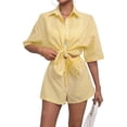 thumbnail image 2 of Womens Collar Casual Striped Short Sleeve Pants Set Two Piece Lounge Wear Summer Outfit Yellow Suit M, 2 of 9