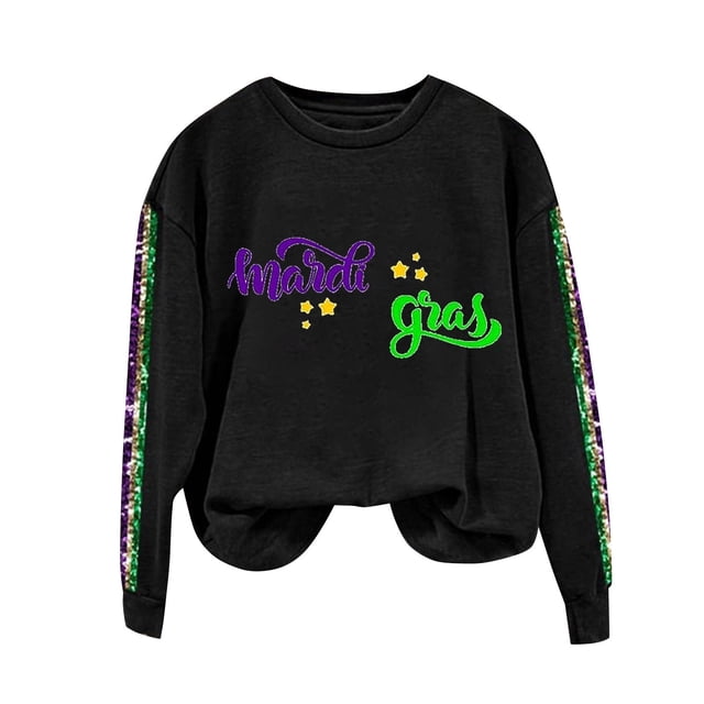 Outfmvch Chemises Mardi Gras pour Femmes, Chemises à Manches Longues pour Femmes, Hauts Mardi Gras pour Femmes, Chandail en Molleton Mardi Gras pour Femmes, Hauts Violets pour Femmes, Imprimé Carnaval Col Rond Manches Longues Noir S