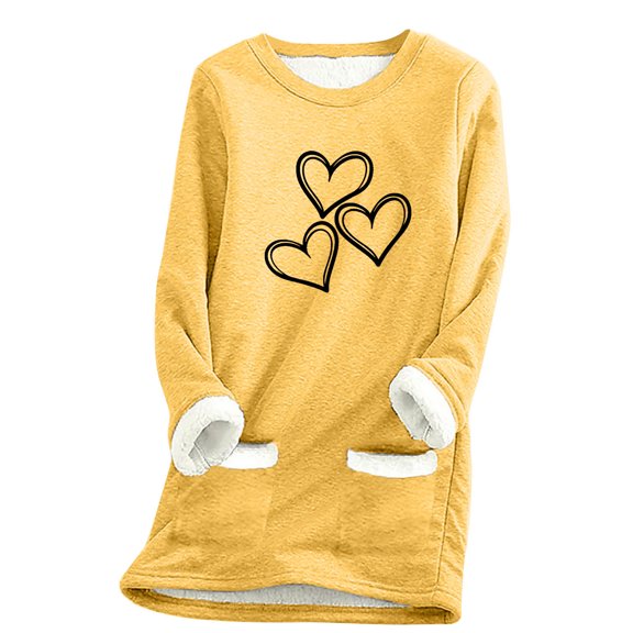 fheaev Fleece Sweatshirt for Women Winter Warm Lined Printed Tunic Top Thermal Fleece Crew Neck Long Sleeve Pullover wear Winter Warm Underwear Blouses