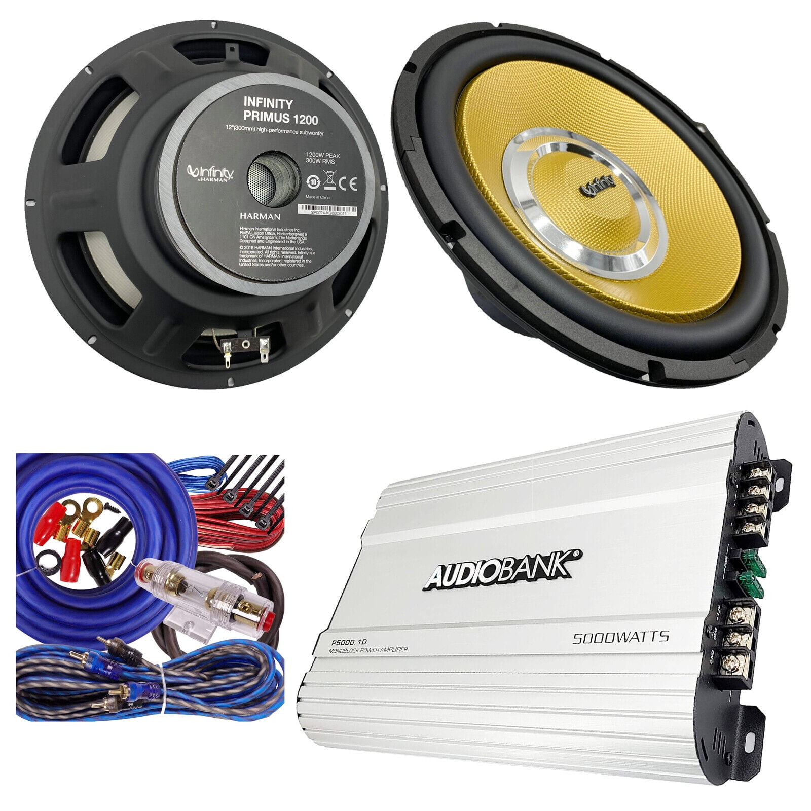 2x Infinity 2400W 12" Inch Subwoofer + Audiobank 5000W CLASS D