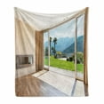 thumbnail image 1 of Modern Soft Flannel Fleece Blanket, Room with Scenic View House Mountains Palm Trees Greenery Garden Print, Cozy Plush for Indoor and Outdoor Use, 70" x 90", Pale Brown Green White, by Ambesonne, 1 of 6
