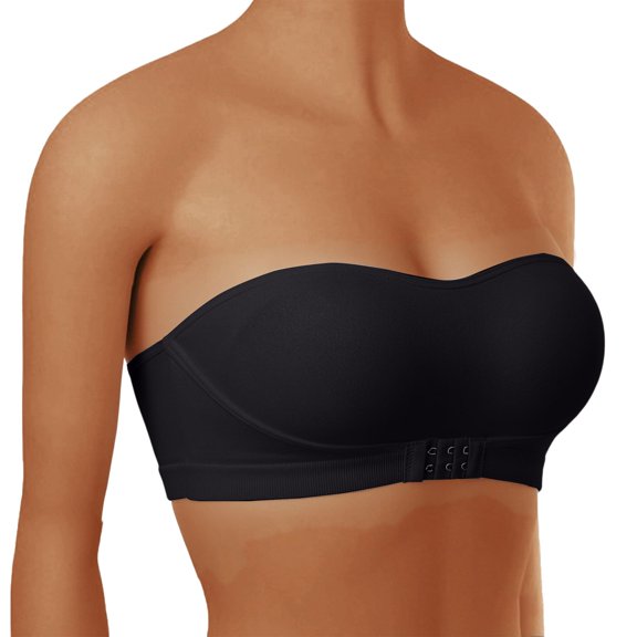 VISALY Plus Size Front Closure Strapless Bandeau Bras Wireless Push Up Comfy Padded Bralettes Strapless Front Buckle Bandeau Bras Non-Slip Seamless Tube Top Push Up Support Brassiere Black L