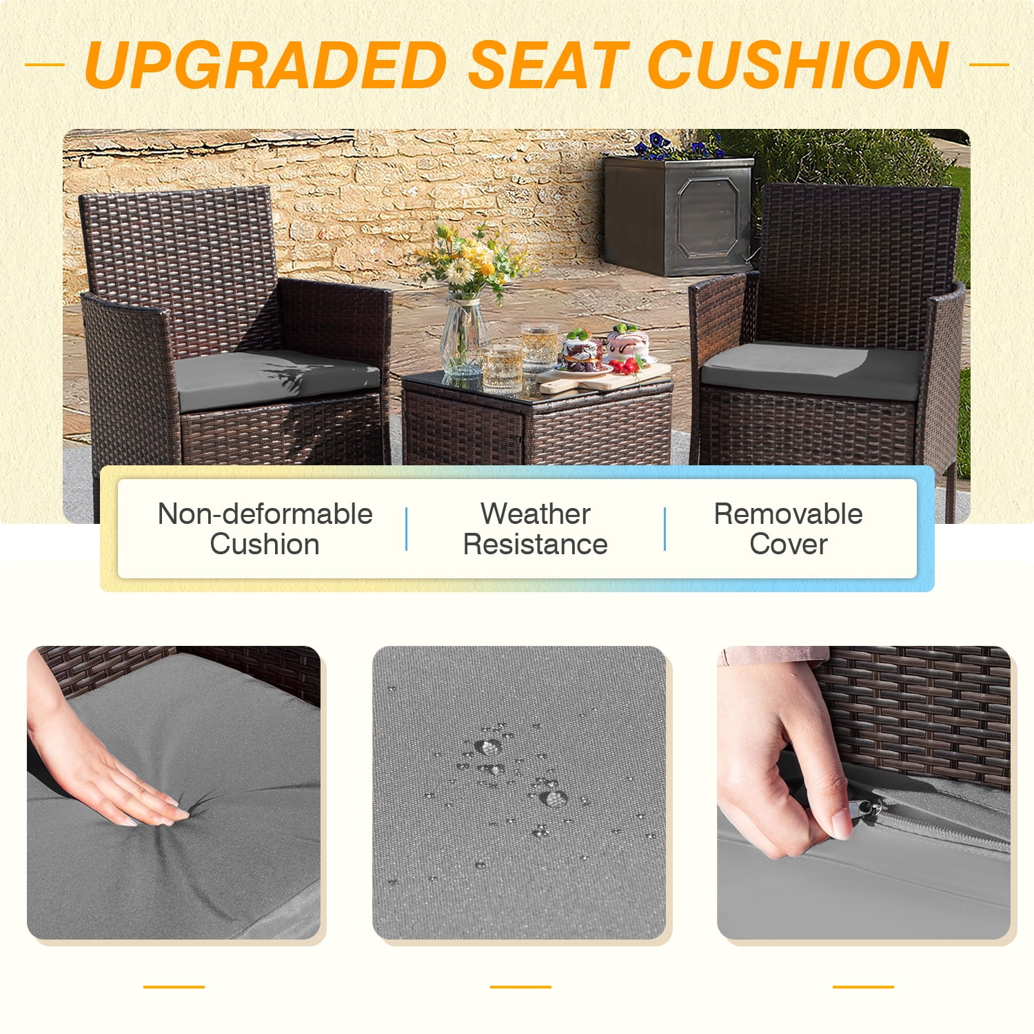 Homall 3 Pieces Patio Furniture Set Outdoor PE Rattan Wicker Patio Conversation Set Bistro Set with Tempered Glass and Cushioned Chairs, Brown/Gray