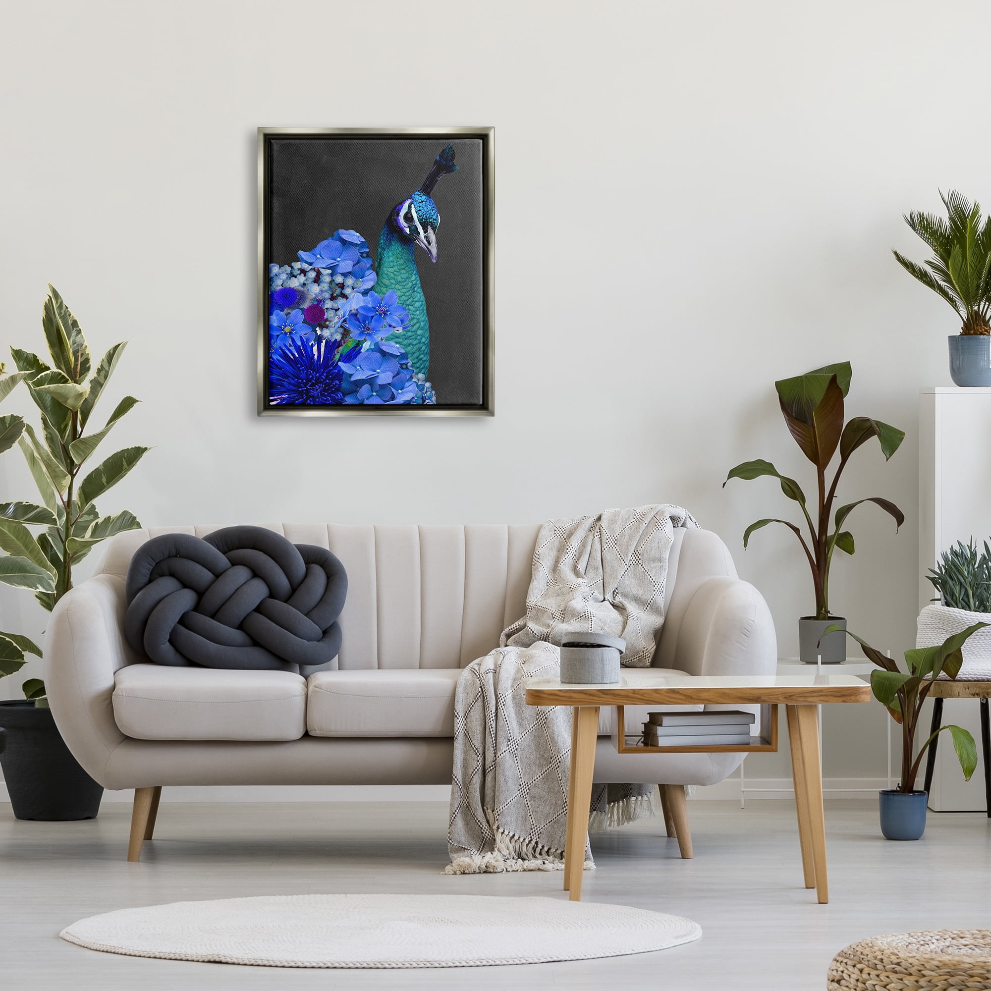 Stupell Industries Peacock with Blue Flowers Animals & Insects Painting Gray Floater Framed Canvas Art Print Wall Art, 25 x 31