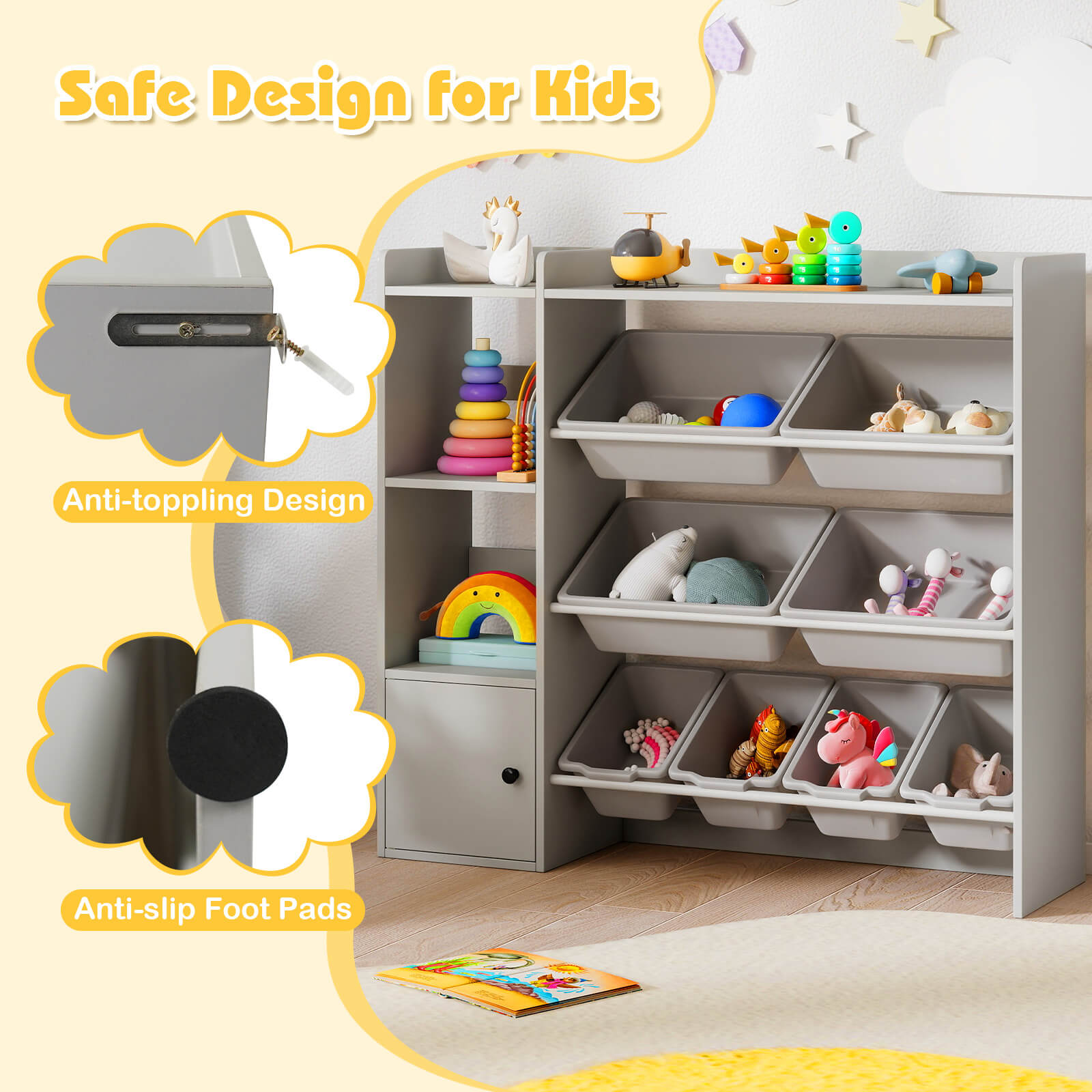 Costway Kids Toy Storage and Bookshelf, Wooden Bookcase with 4 Small Boxes & 4 Large Boxes Gray