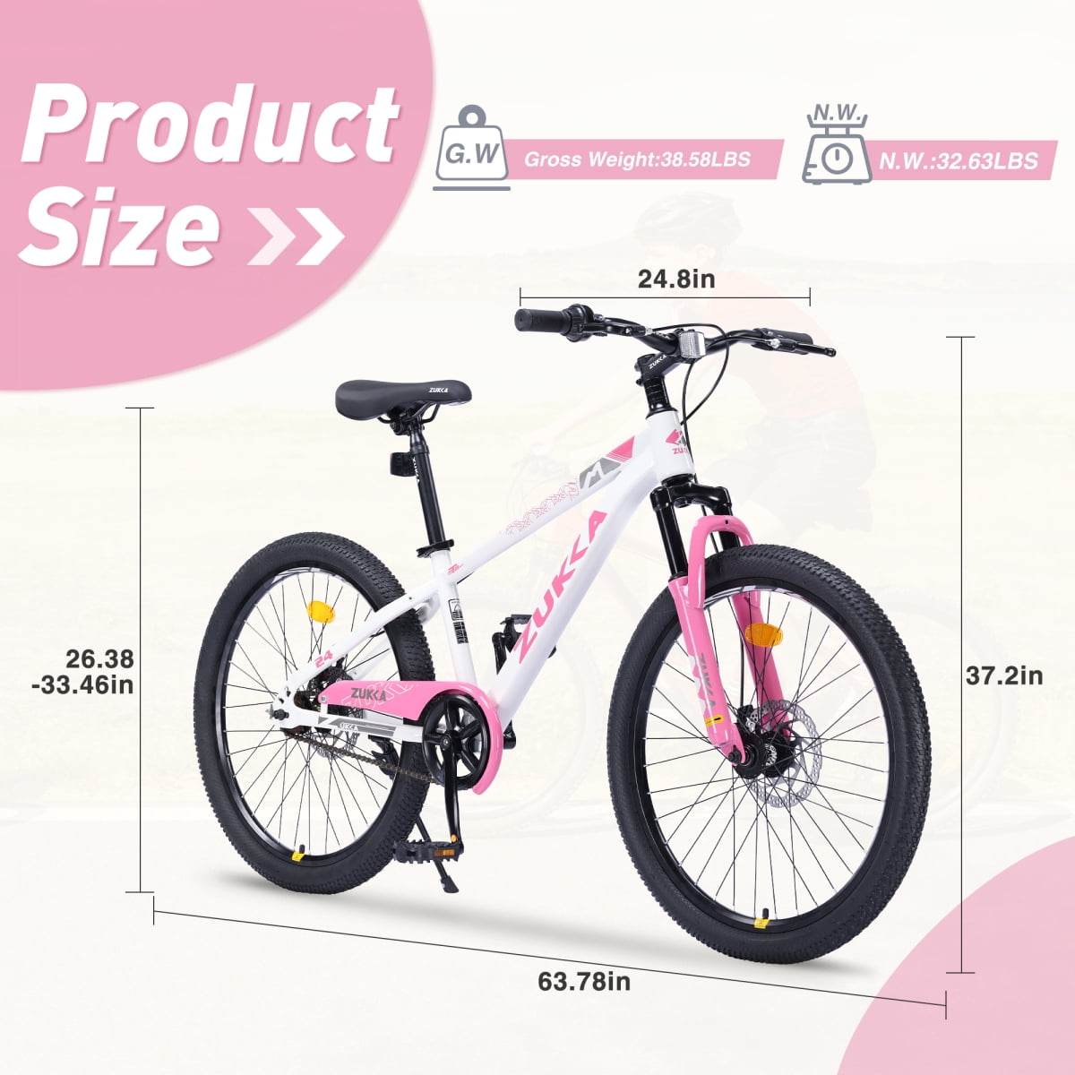 LuckyNote Mountain Bike 24 Inch MTB, Steel Frame, Single Speed, Double Disc Brake, White