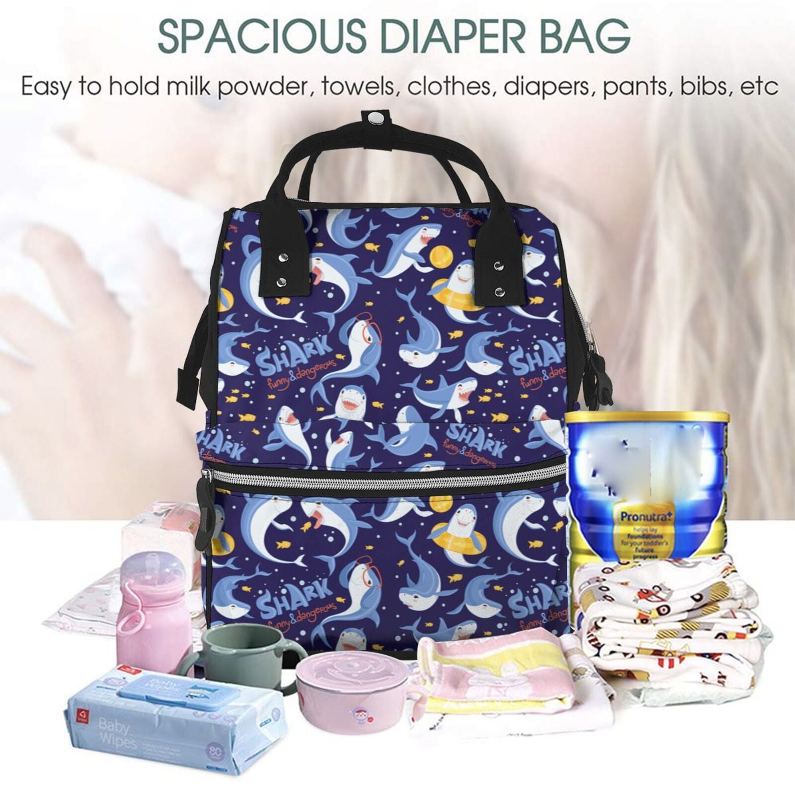 Ratiio Cute Shark Mummy Backpack - Waterproof Twill Canvas, Large Capacity Diaper Bag with Multiple Pockets and Adjustable Straps