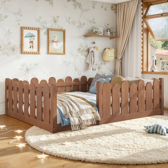 Full Size Floor Bed with Fence-Style Guardrails, White Solid Wood Montessori Bed Frame , Low to Ground design with Full Surround Safety Rails, Deep Natural