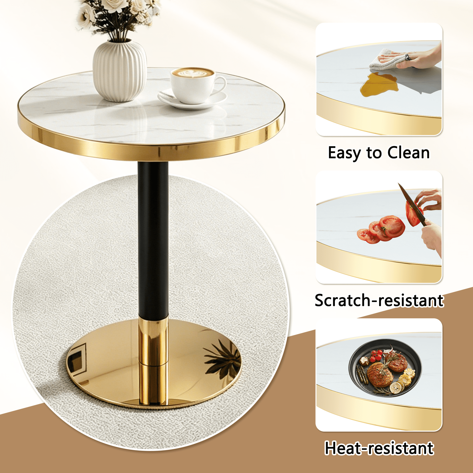 23.6" Round MDF sprayed with UV paint countertop, marble texture, stainless steel edging, metal table legs, modern light luxury edge/coffee table.