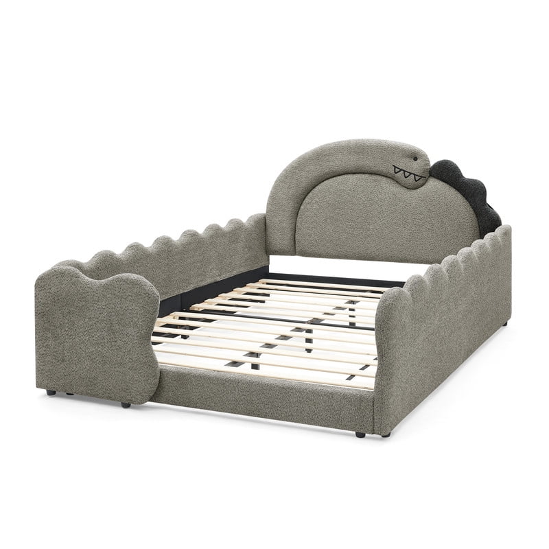 Full Size Kids Dinosaur-Shaped Platform Bed with Guardrails, Low-Profile Upholstered Boucle Fabric Playful Child Daybed Frame