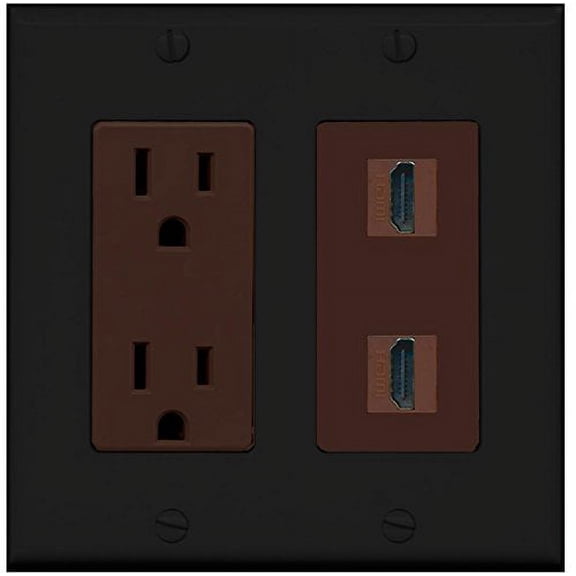 RiteAV - 15 Amp Power Outlet 2 Port HDMI Decorative Wall Plate - Black/Brown